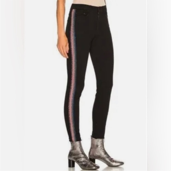 Mother High Waisted Looker Ankle Fray Black Guilty Glitter Racer Stripe Jeans 26 - Picture 4 of 16